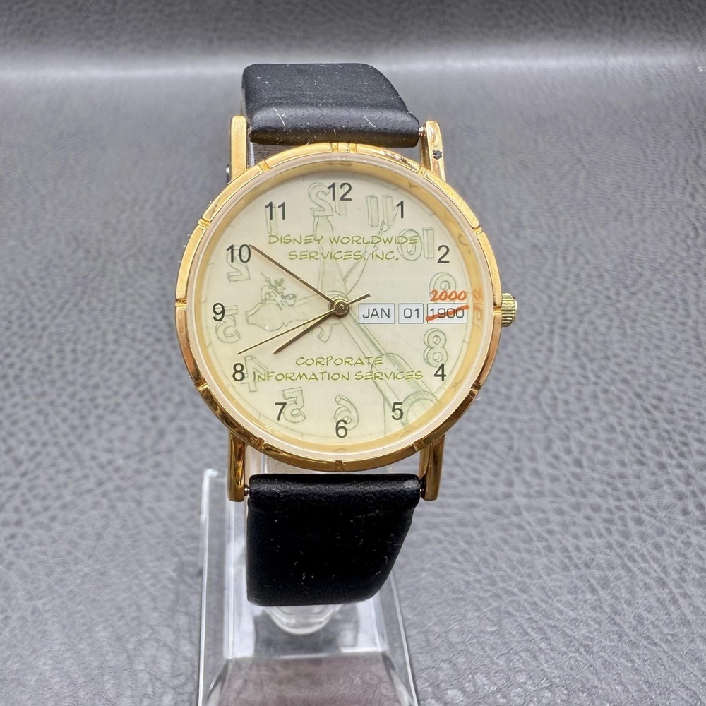 Vintage Disney Services Watch Gold Tone Leather Band 2000 Y2K NEW BATTERY WORKS